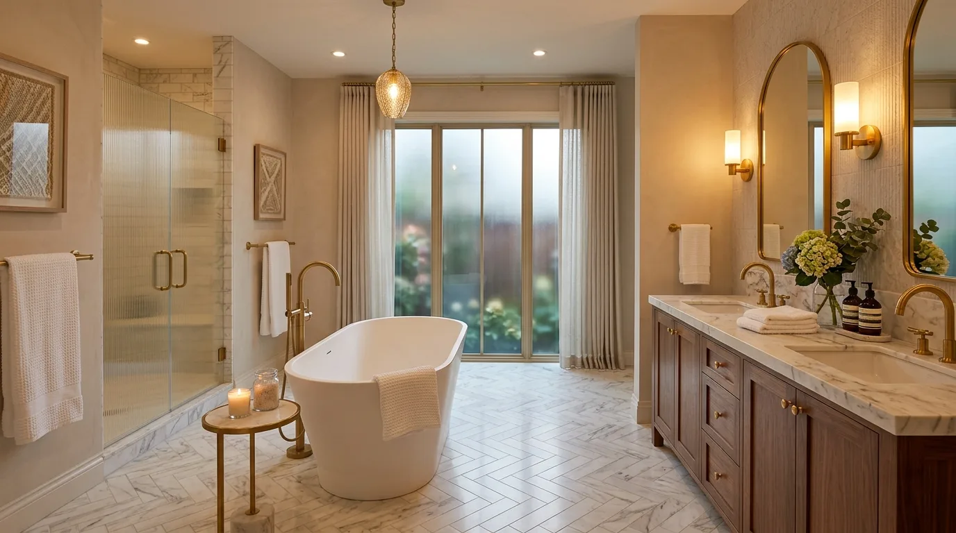 Lay marble in herringbone for refinement inspiration for a tiled bathroom.